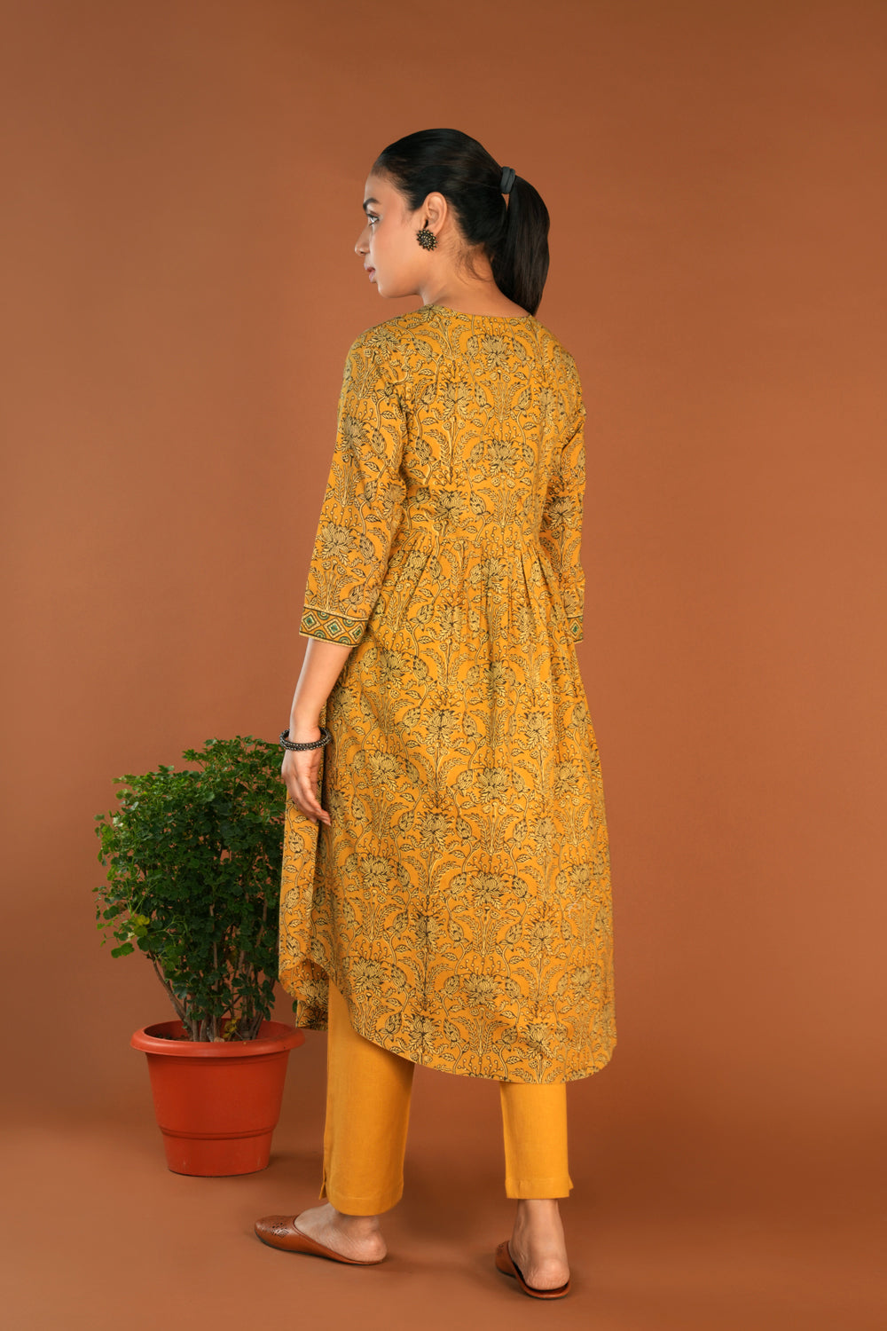 Image of Mustard yellow Ajrak Handblock printed kurta