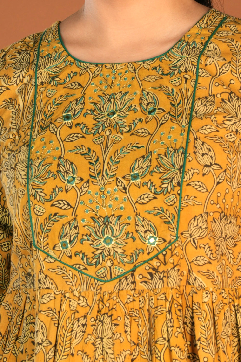 Image of Mustard yellow Ajrak Handblock printed kurta