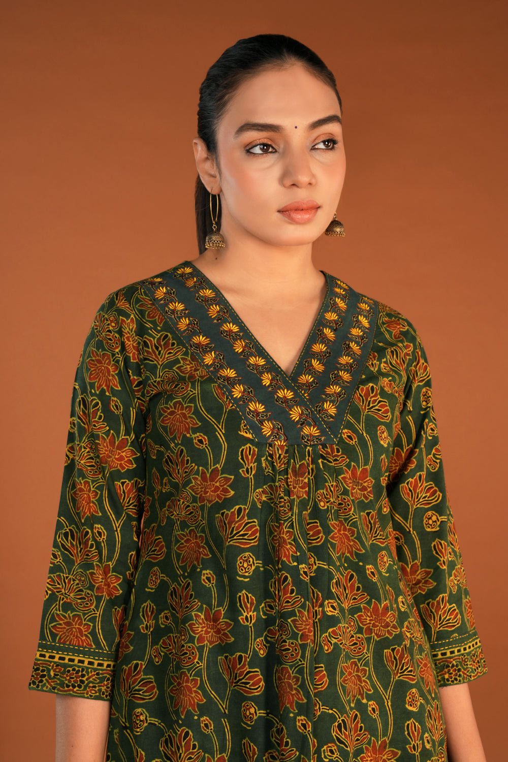 Image of Forest green Ajrak embroidered Kurti