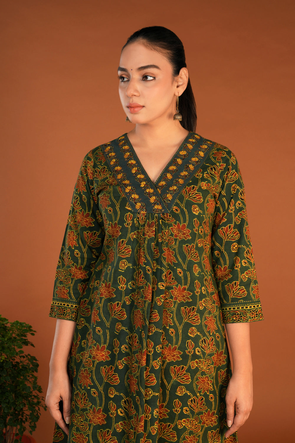 Image of Forest green Ajrak embroidered Kurti