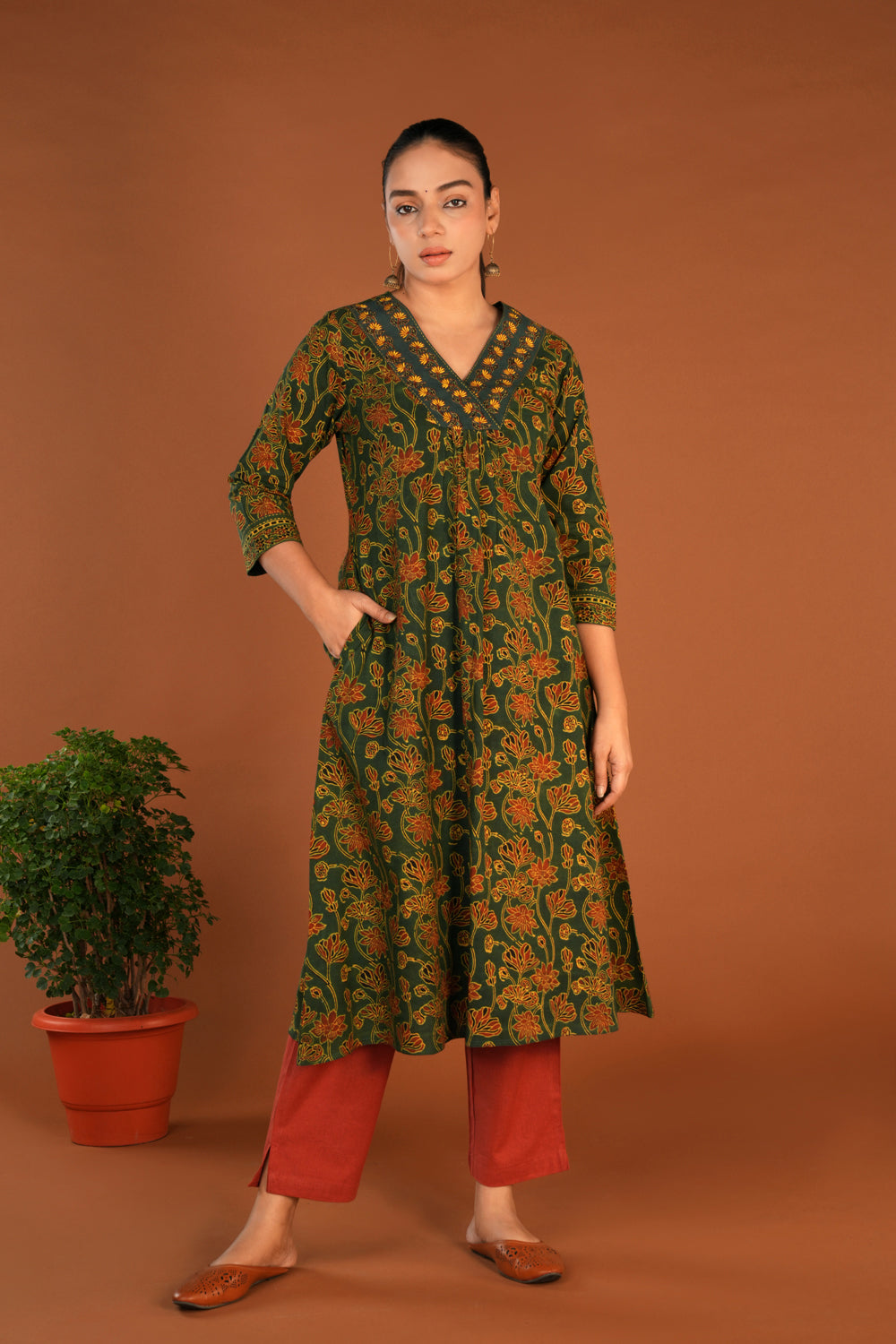 Forest green Ajrak embroidered Kurti