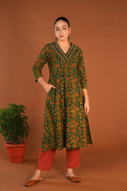 Image of Forest green Ajrak embroidered Kurti