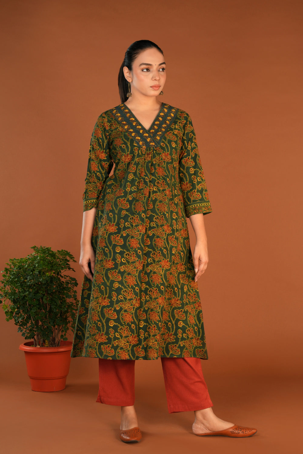 Image of Forest green Ajrak embroidered Kurti