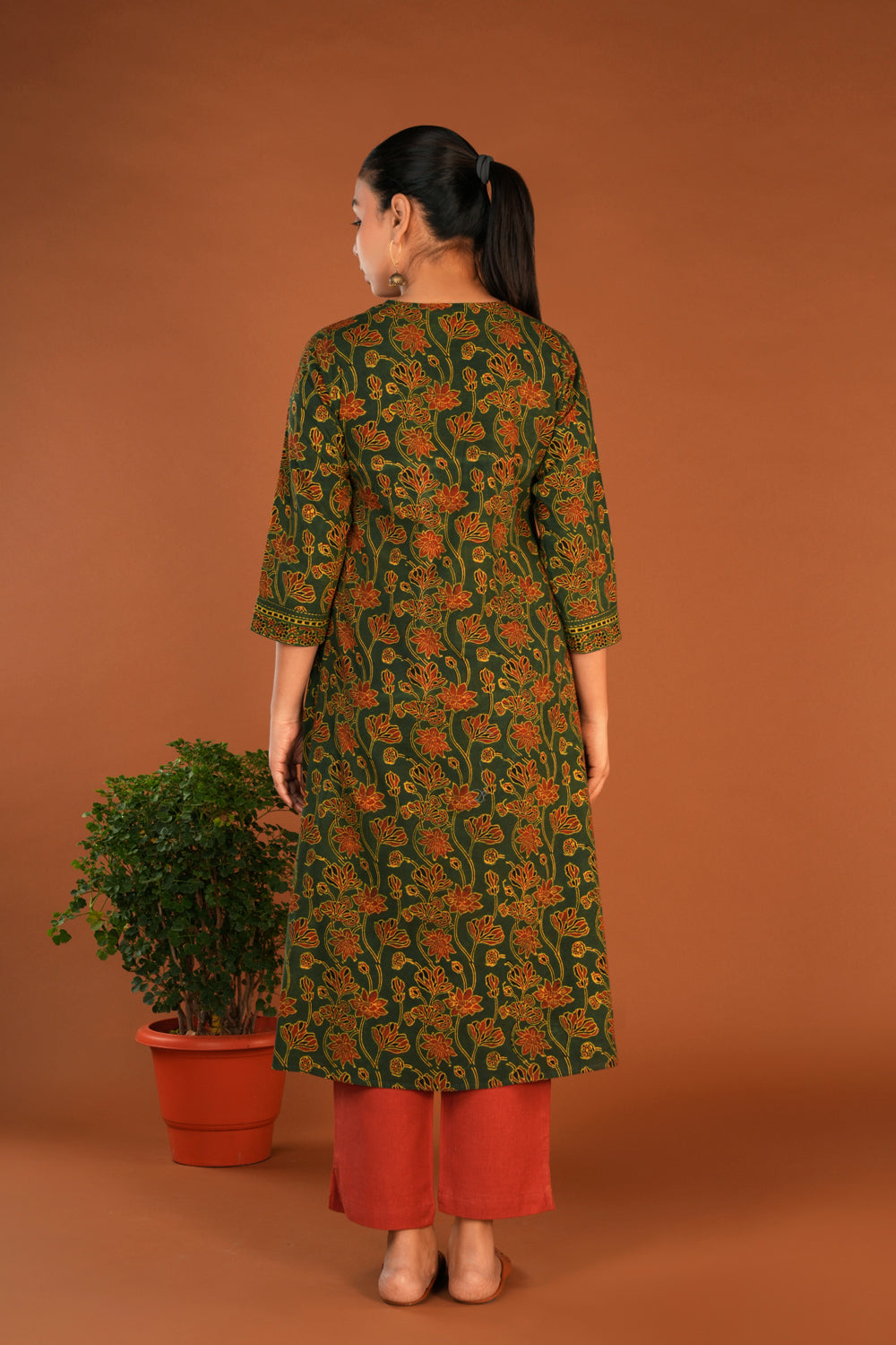 Forest green Ajrak embroidered Kurti