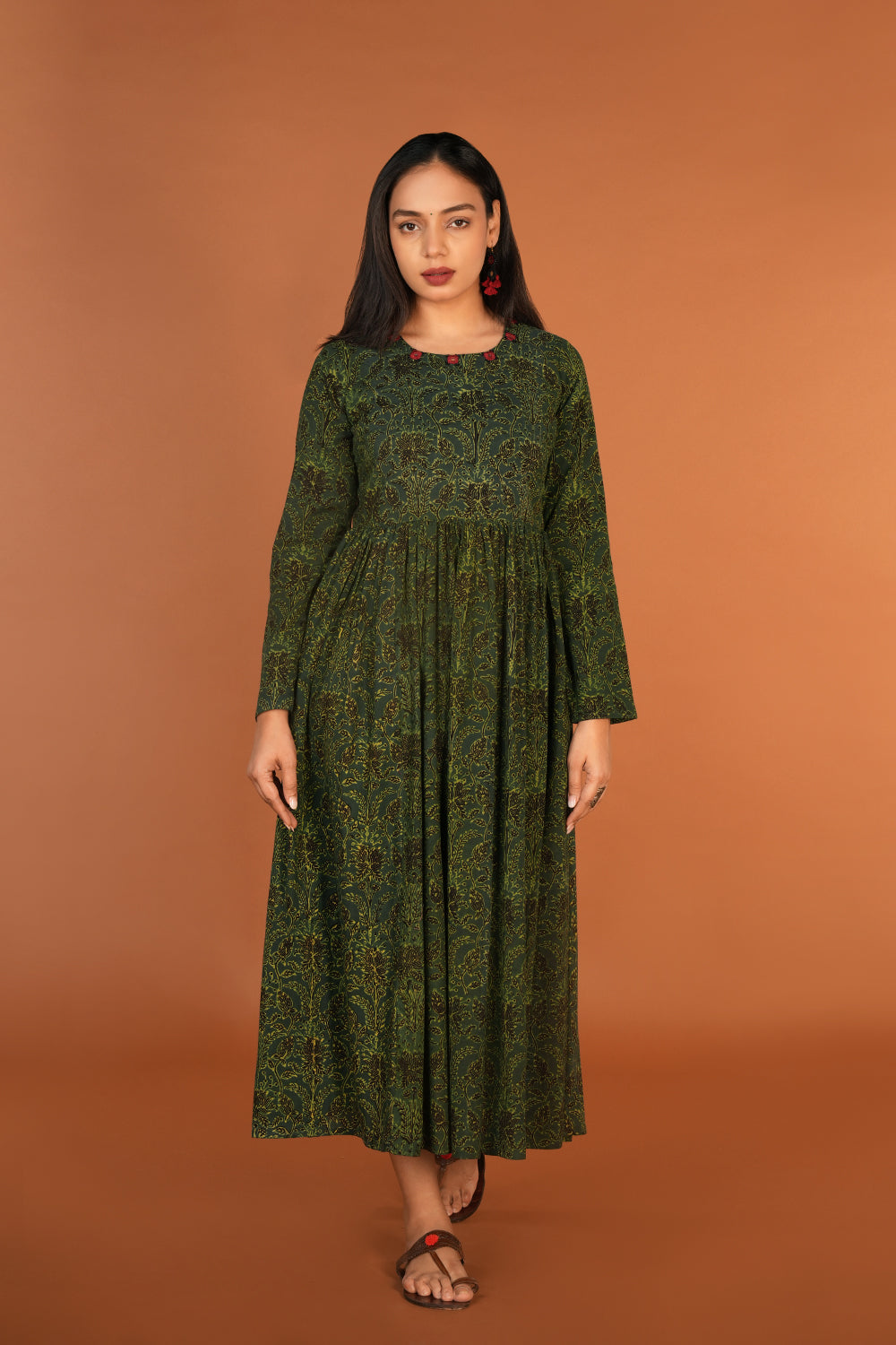 Image of Forest green Ajrak handblock printed long ethnic dress