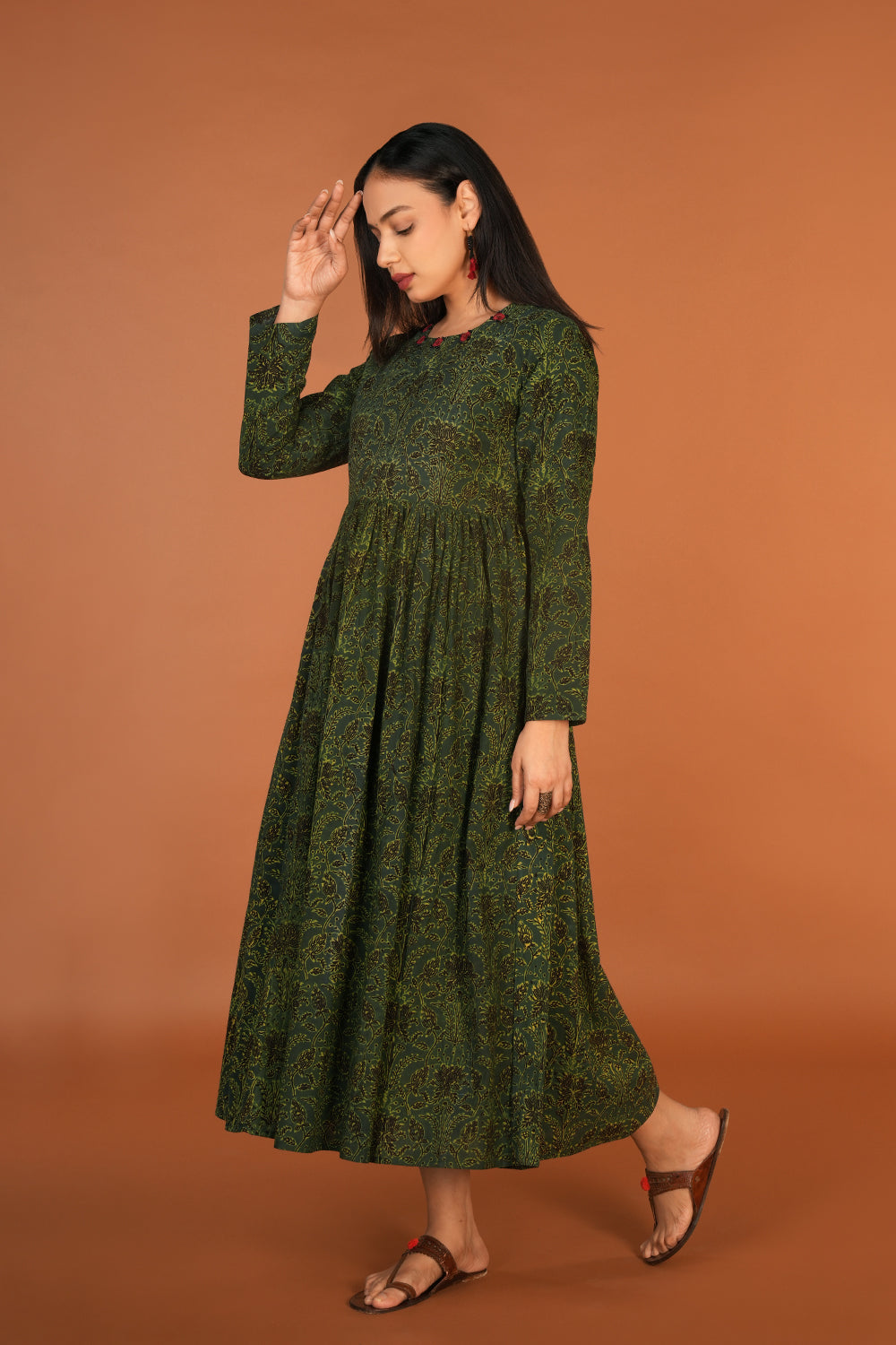 Forest green Ajrak handblock printed long ethnic dress