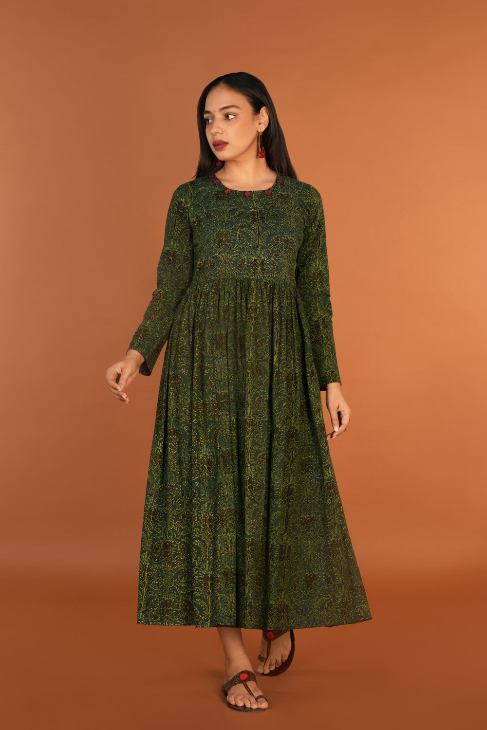 Forest green Ajrak handblock printed long ethnic dress