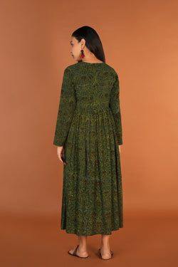 Image of Forest green Ajrak handblock printed long ethnic dress