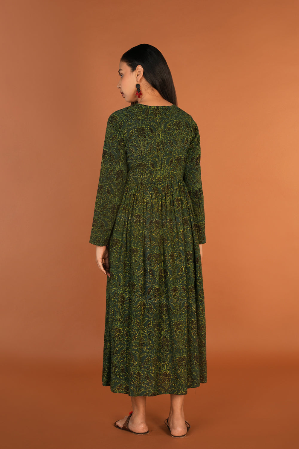 Image of Forest green Ajrak handblock printed long ethnic dress