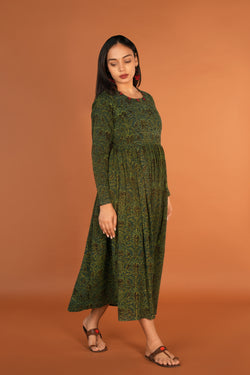 Image of Forest green Ajrak handblock printed long ethnic dress