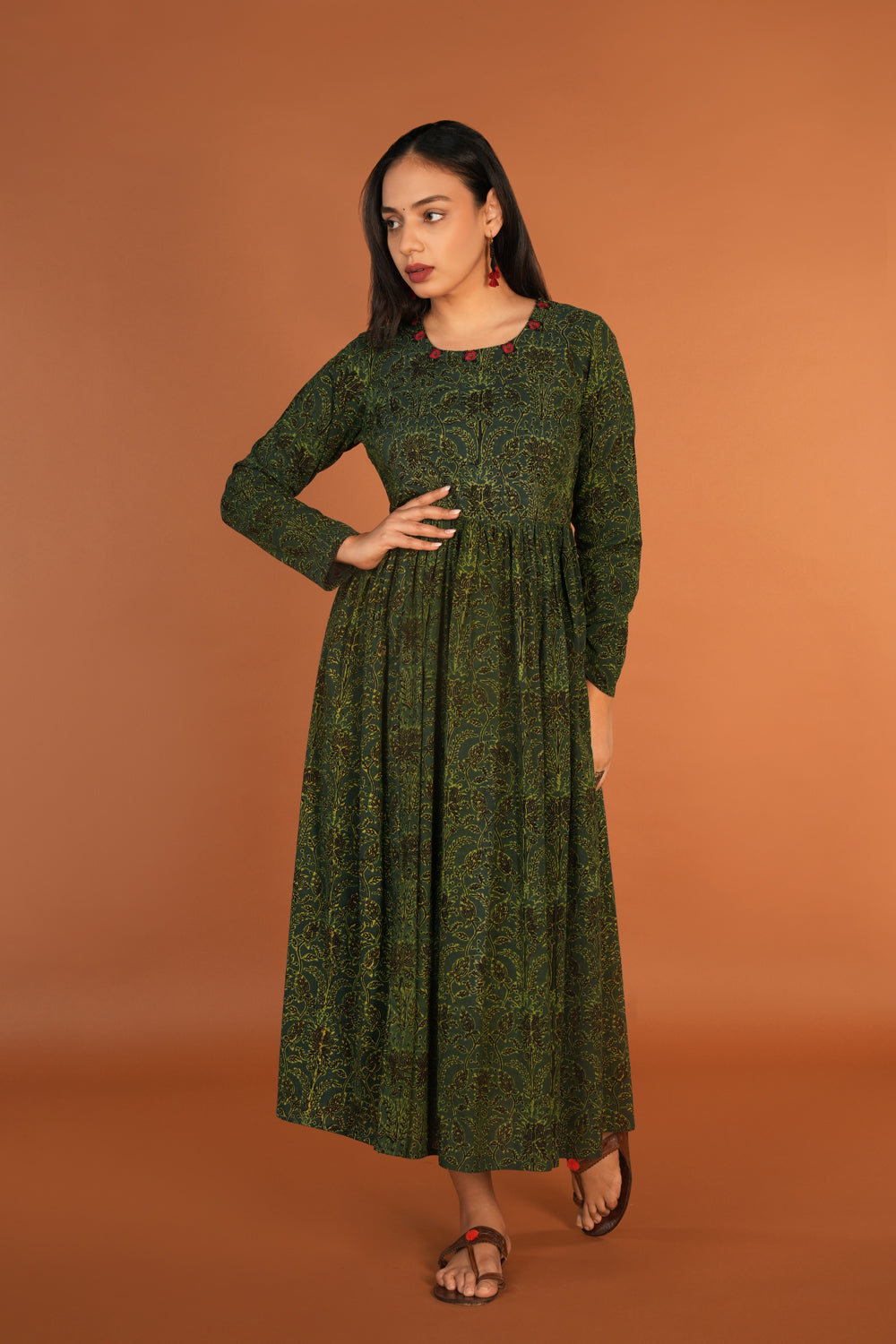 Forest green Ajrak handblock printed long ethnic dress