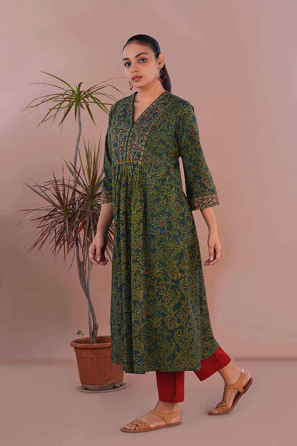 Image of Moss green cotton Ajrak Kurta