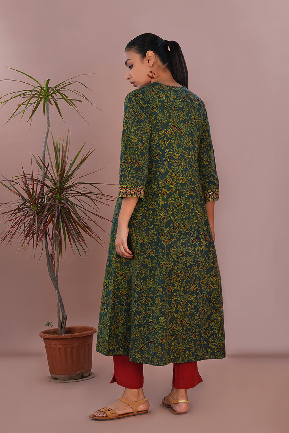 Image of Moss green cotton Ajrak Kurta