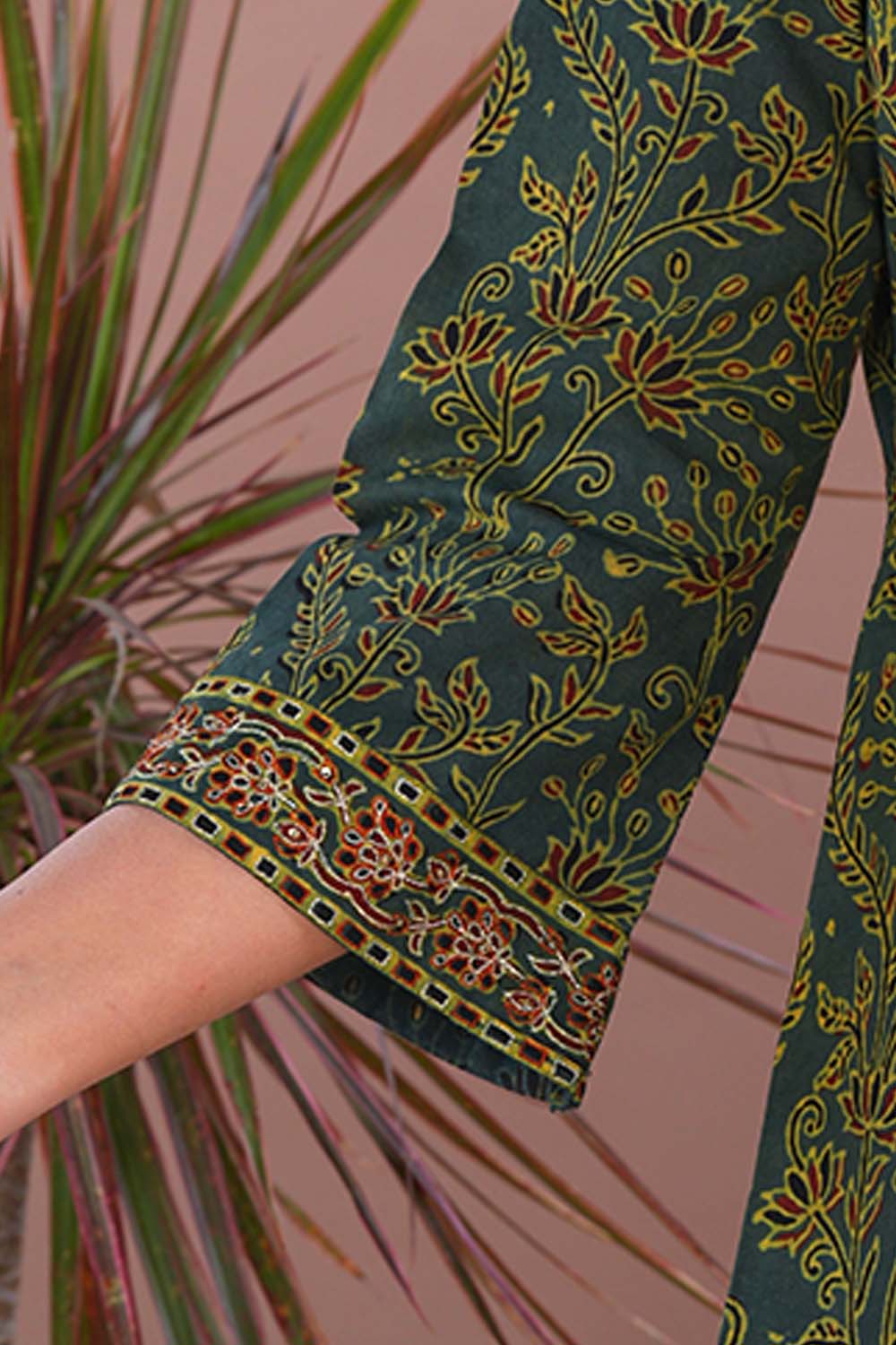 Image of Moss green cotton Ajrak Kurta