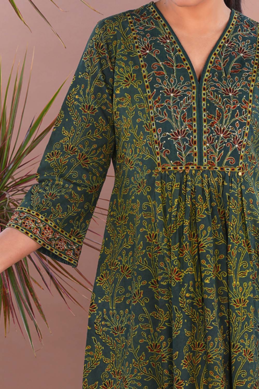 Image of Moss green cotton Ajrak Kurta