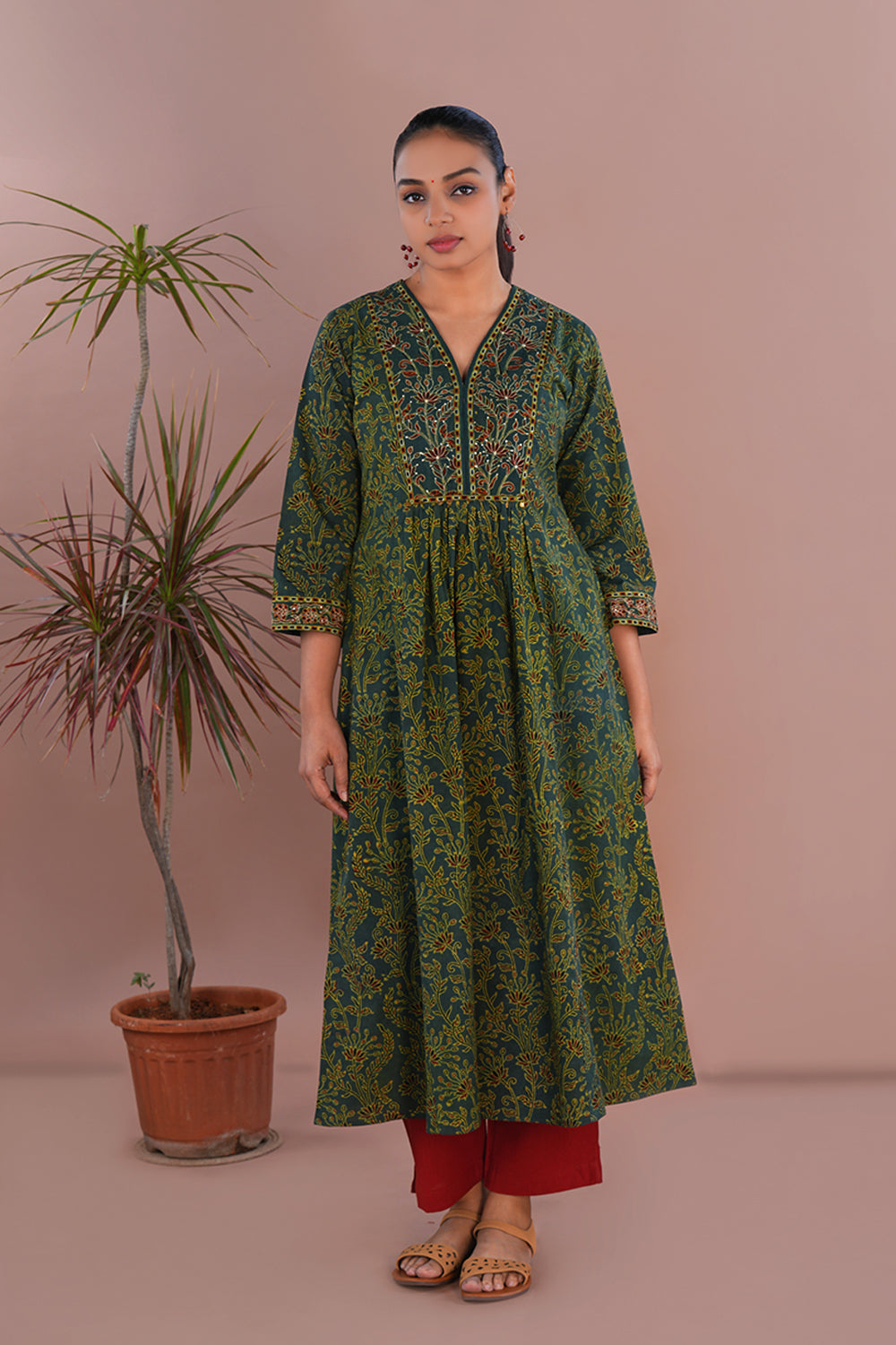 Image of Moss green cotton Ajrak Kurta