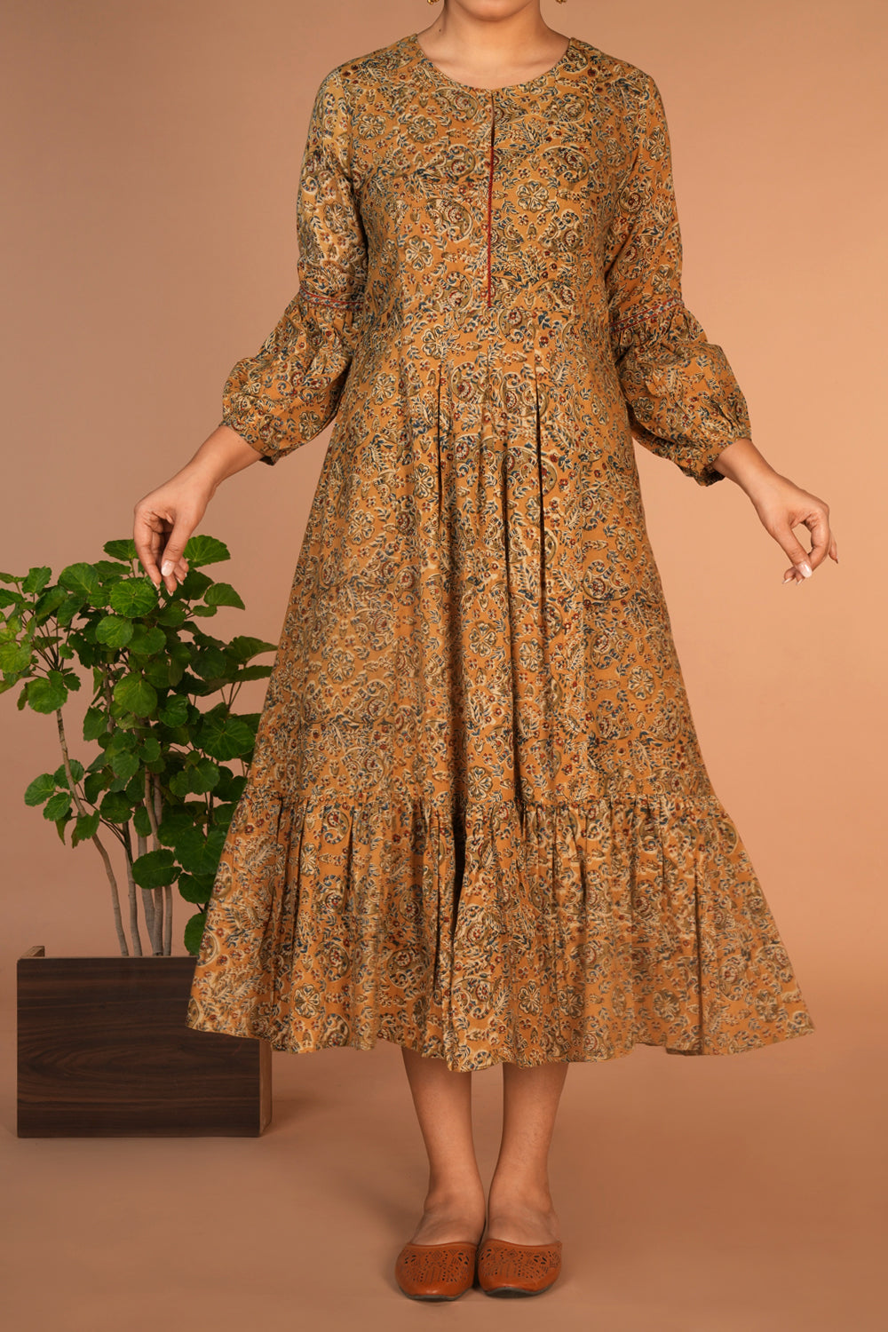 Ochre yellow Kalamkari handblock printed dress