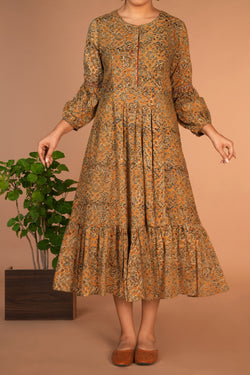 Image of Ochre yellow Kalamkari handblock printed dress