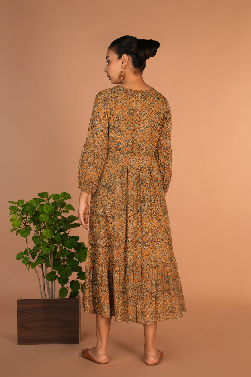 Ochre yellow Kalamkari handblock printed dress