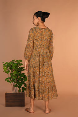 Image of Ochre yellow Kalamkari handblock printed dress