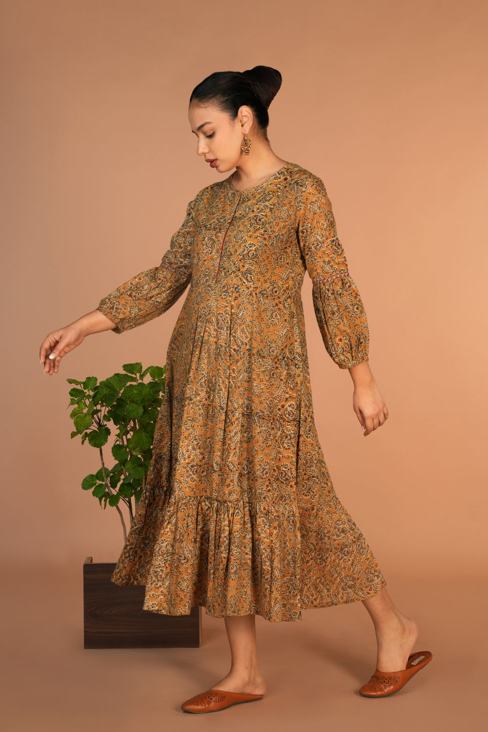 Ochre yellow Kalamkari handblock printed dress