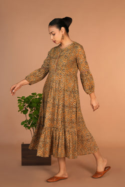 Image of Ochre yellow Kalamkari handblock printed dress