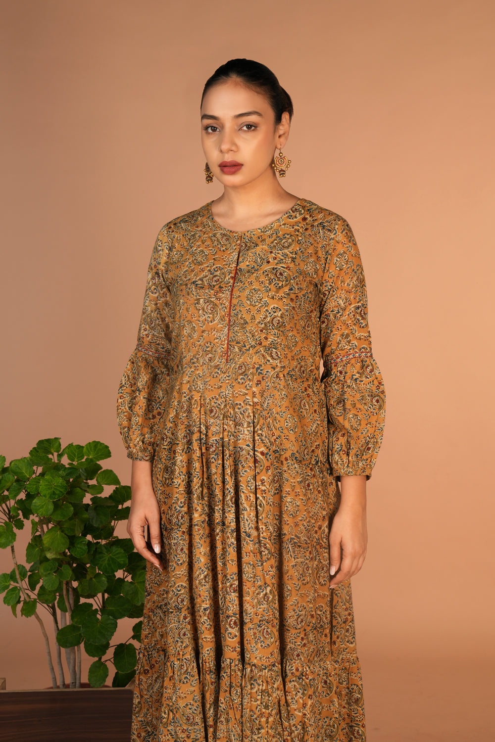 Ochre yellow Kalamkari handblock printed dress