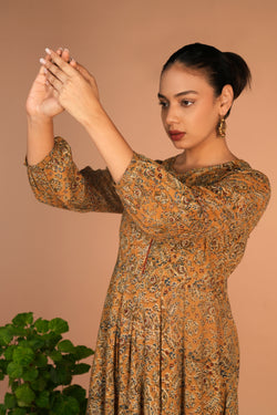 Image of Ochre yellow Kalamkari handblock printed dress