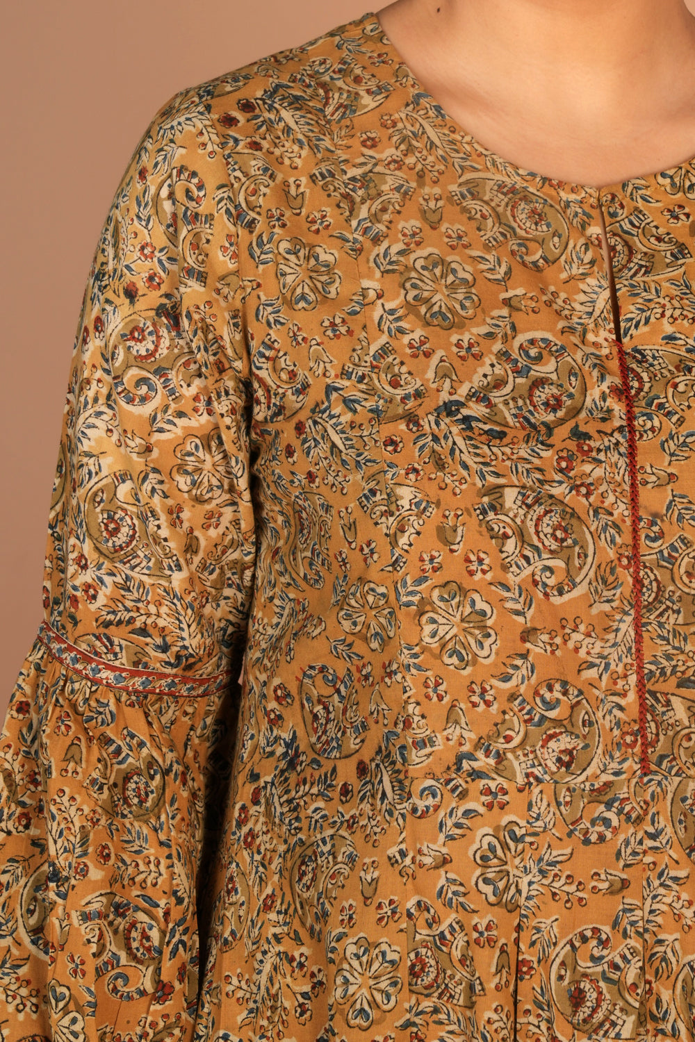 Ochre yellow Kalamkari handblock printed dress