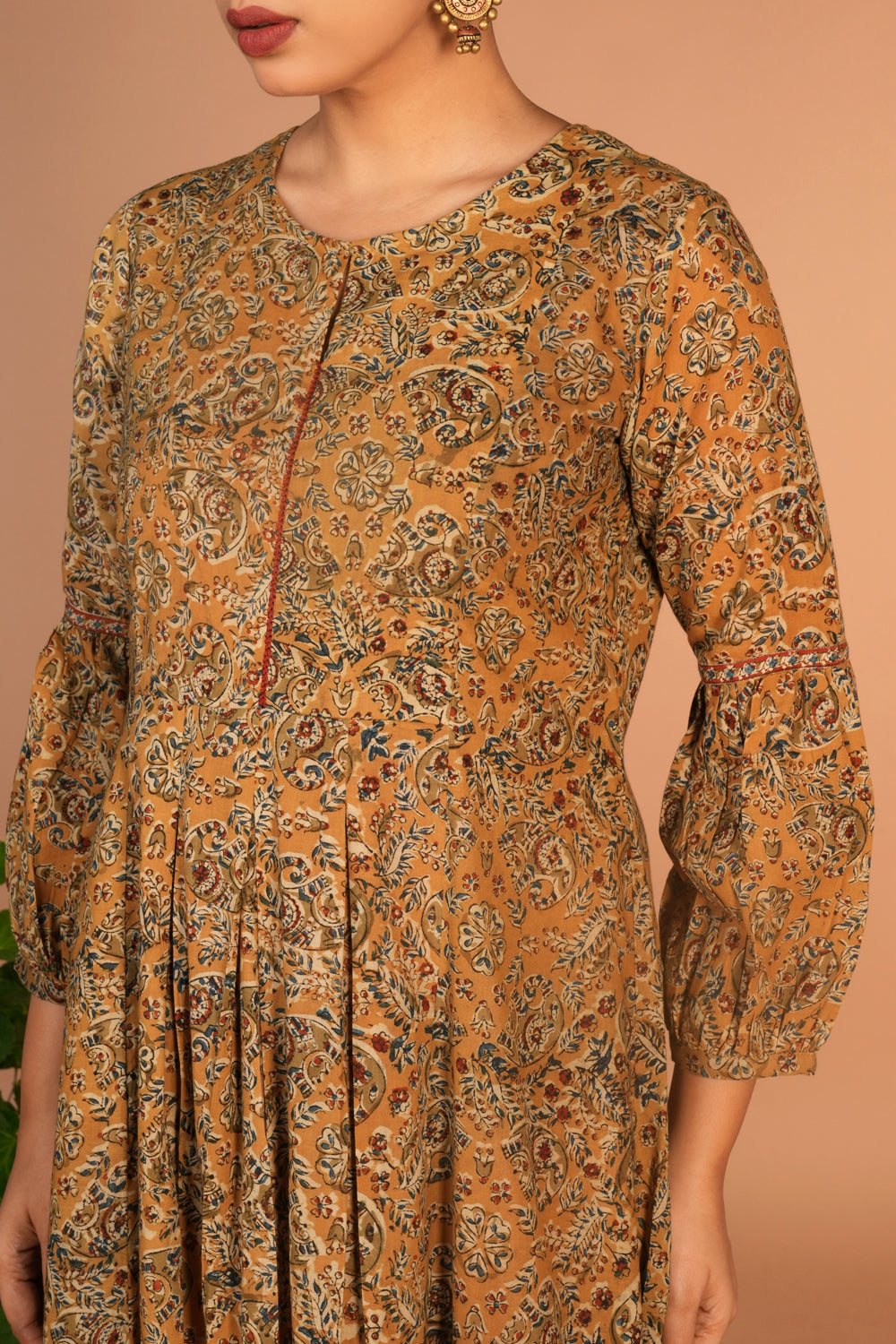 Image of Ochre yellow Kalamkari handblock printed dress