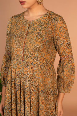 Image of Ochre yellow Kalamkari handblock printed dress