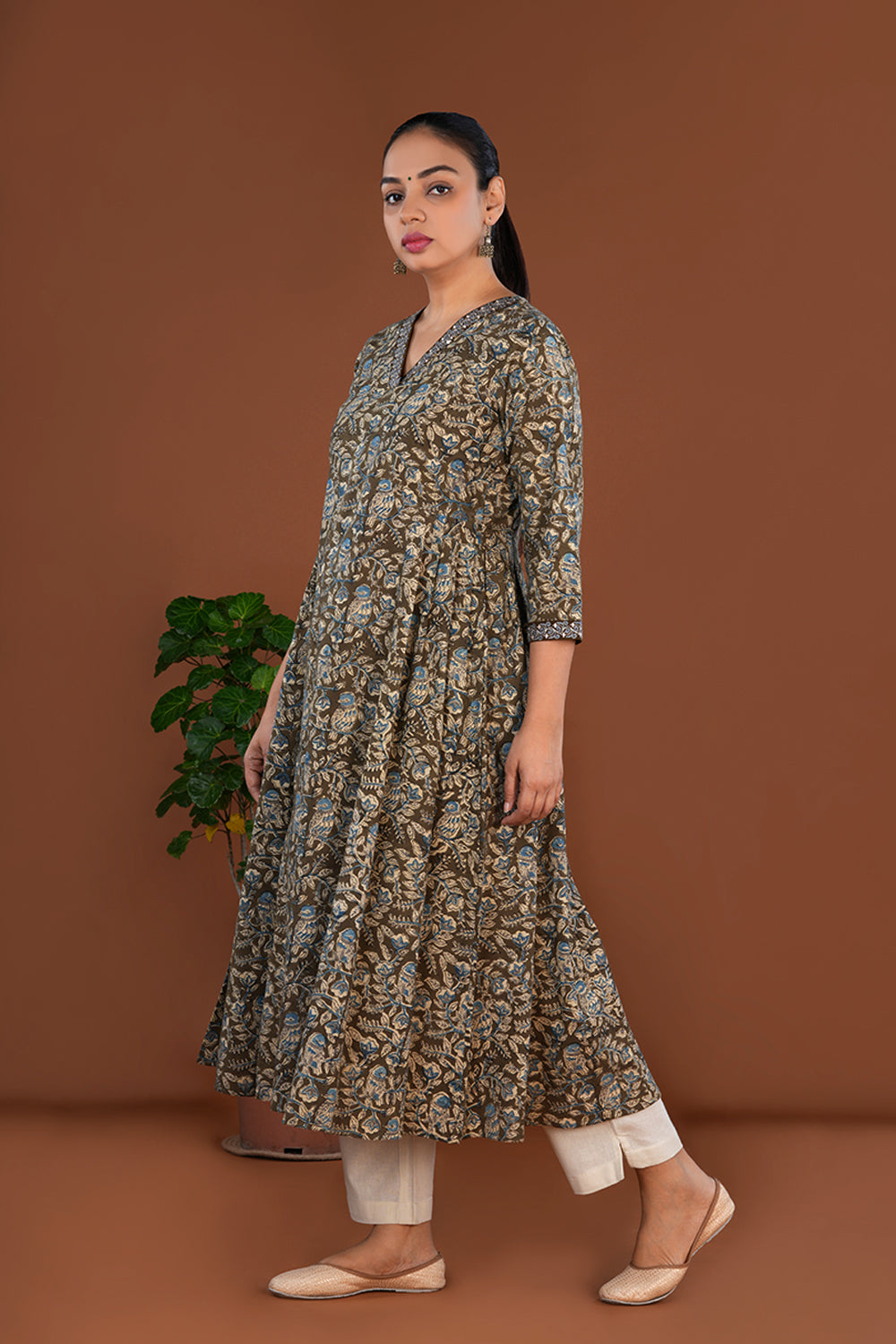 Olive green Cotton Kalamkari blockprinted long Kurti