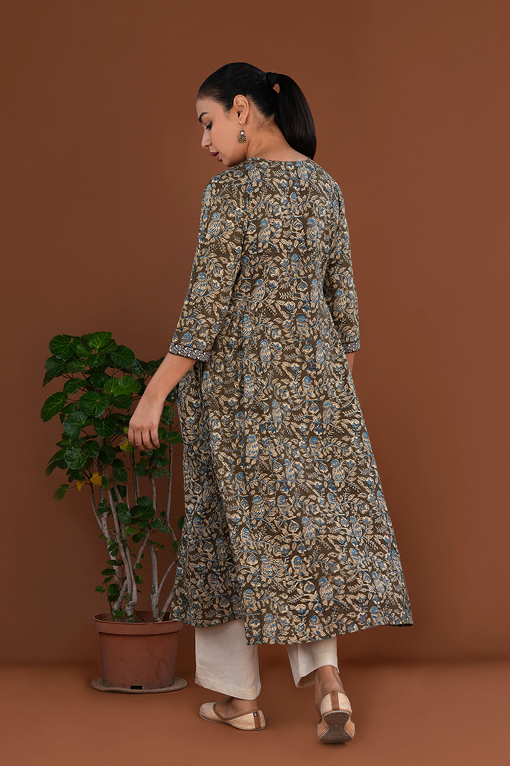 Image of Olive green Cotton Kalamkari blockprinted long Kurti