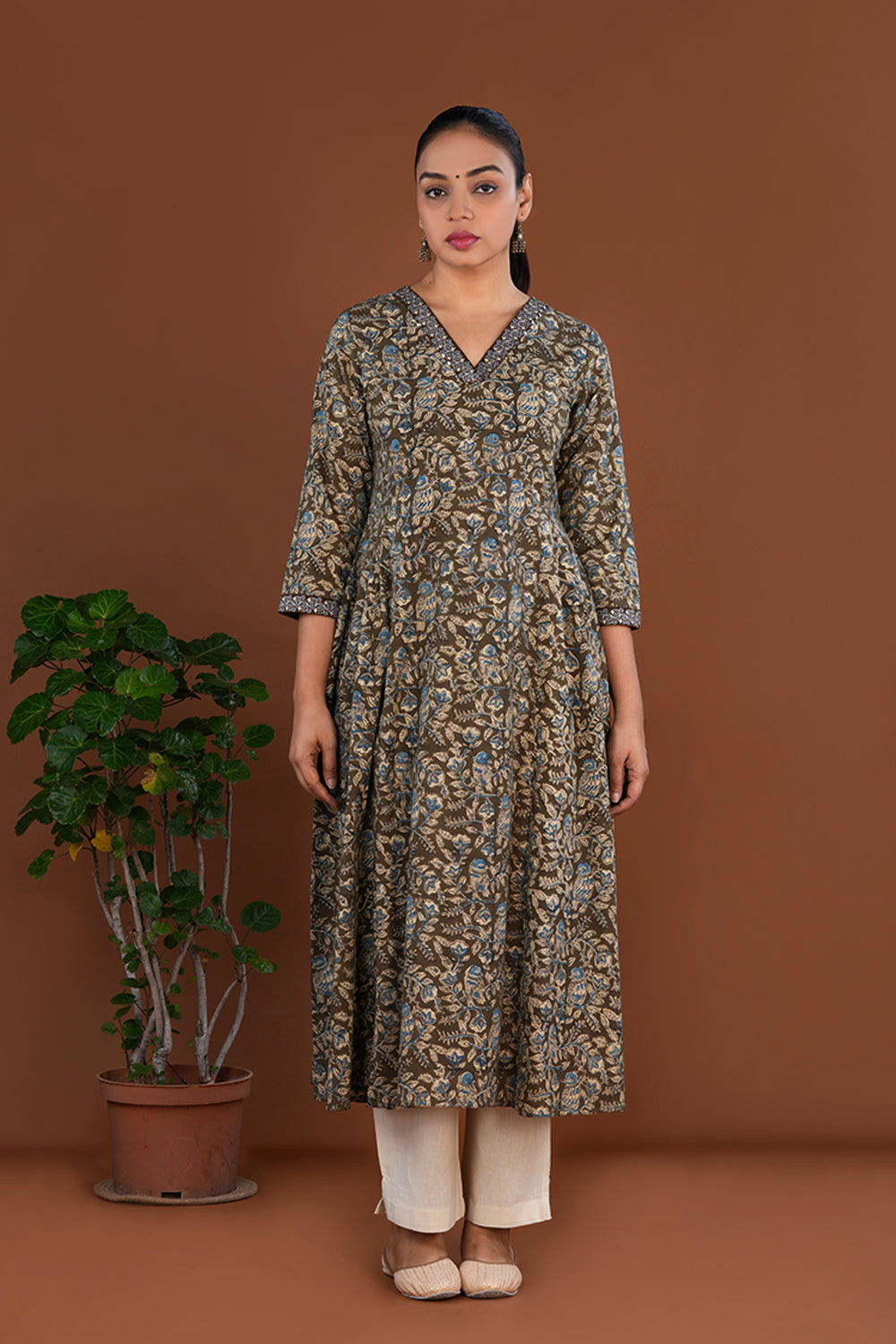 Image of Olive green Cotton Kalamkari blockprinted long Kurti