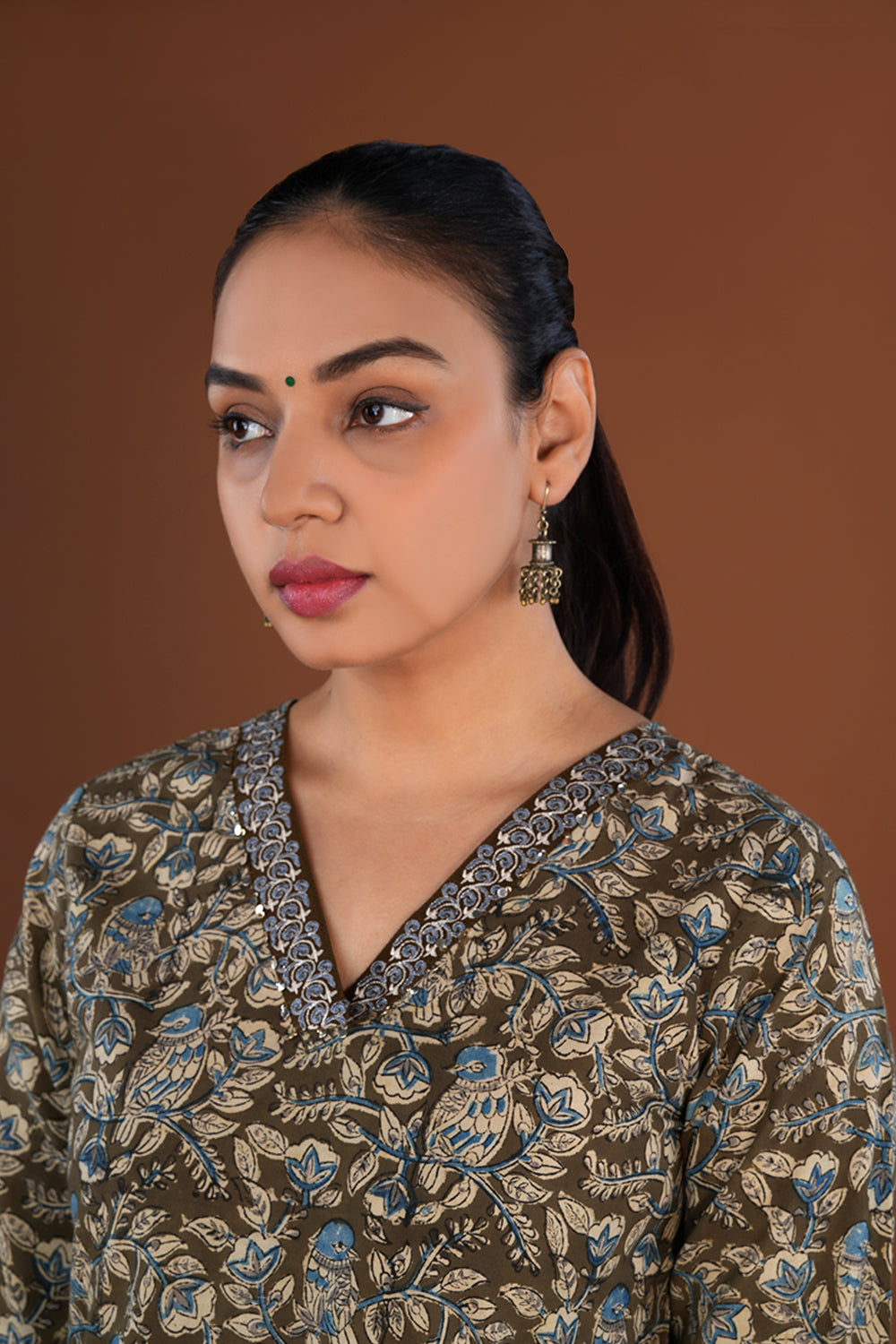 Image of Olive green Cotton Kalamkari blockprinted long Kurti