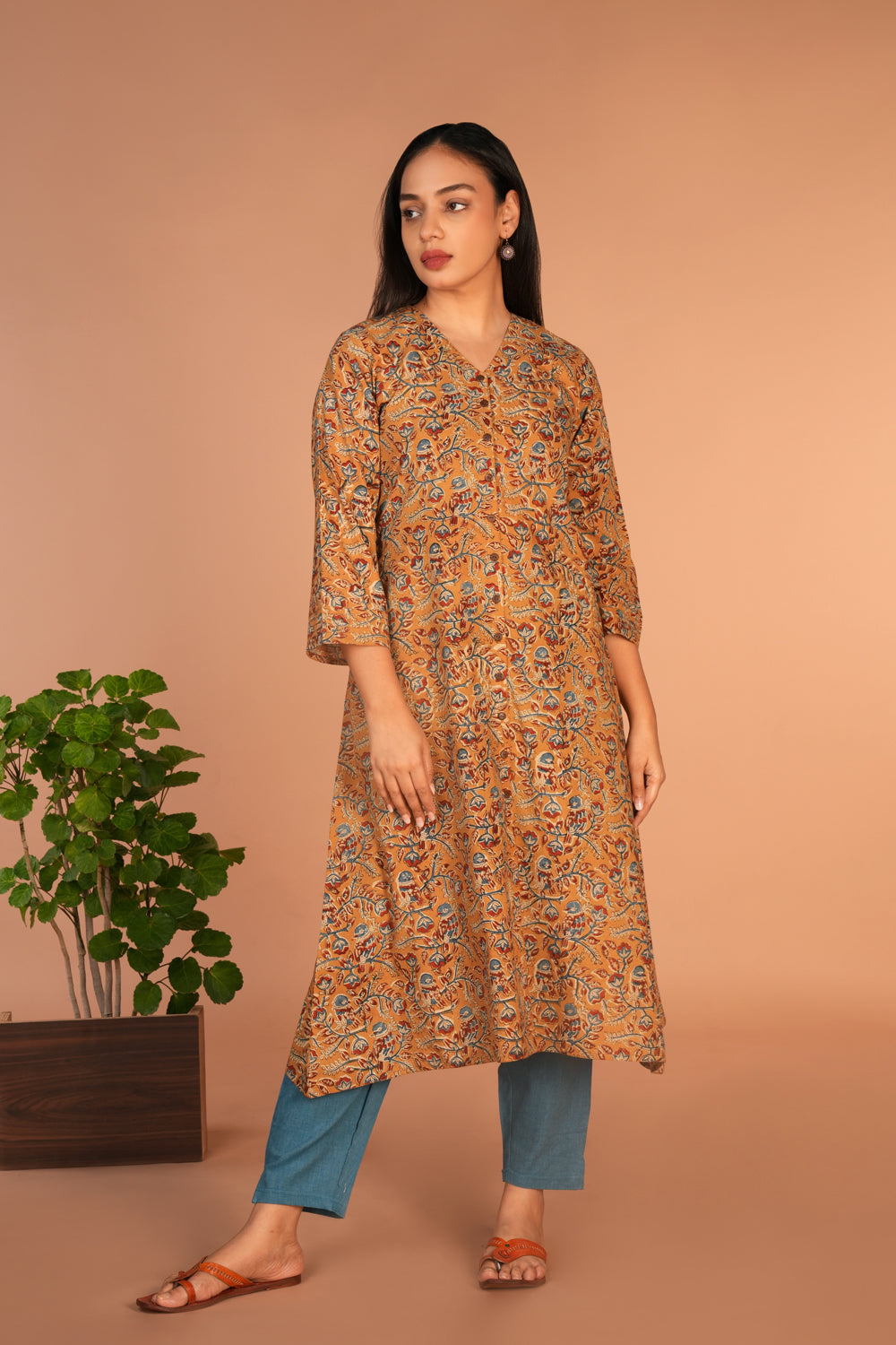 Mustard Kalamkari handblock printed kurti