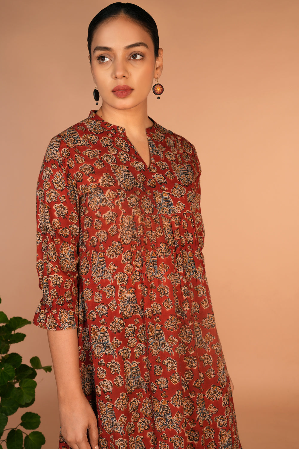 Maroon Kalamkari hand block printed dress