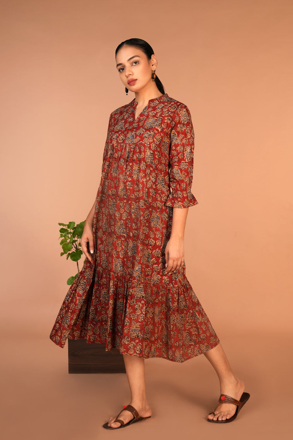 Maroon Kalamkari hand block printed dress