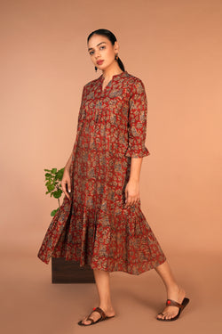 Image of Maroon Kalamkari hand block printed dress