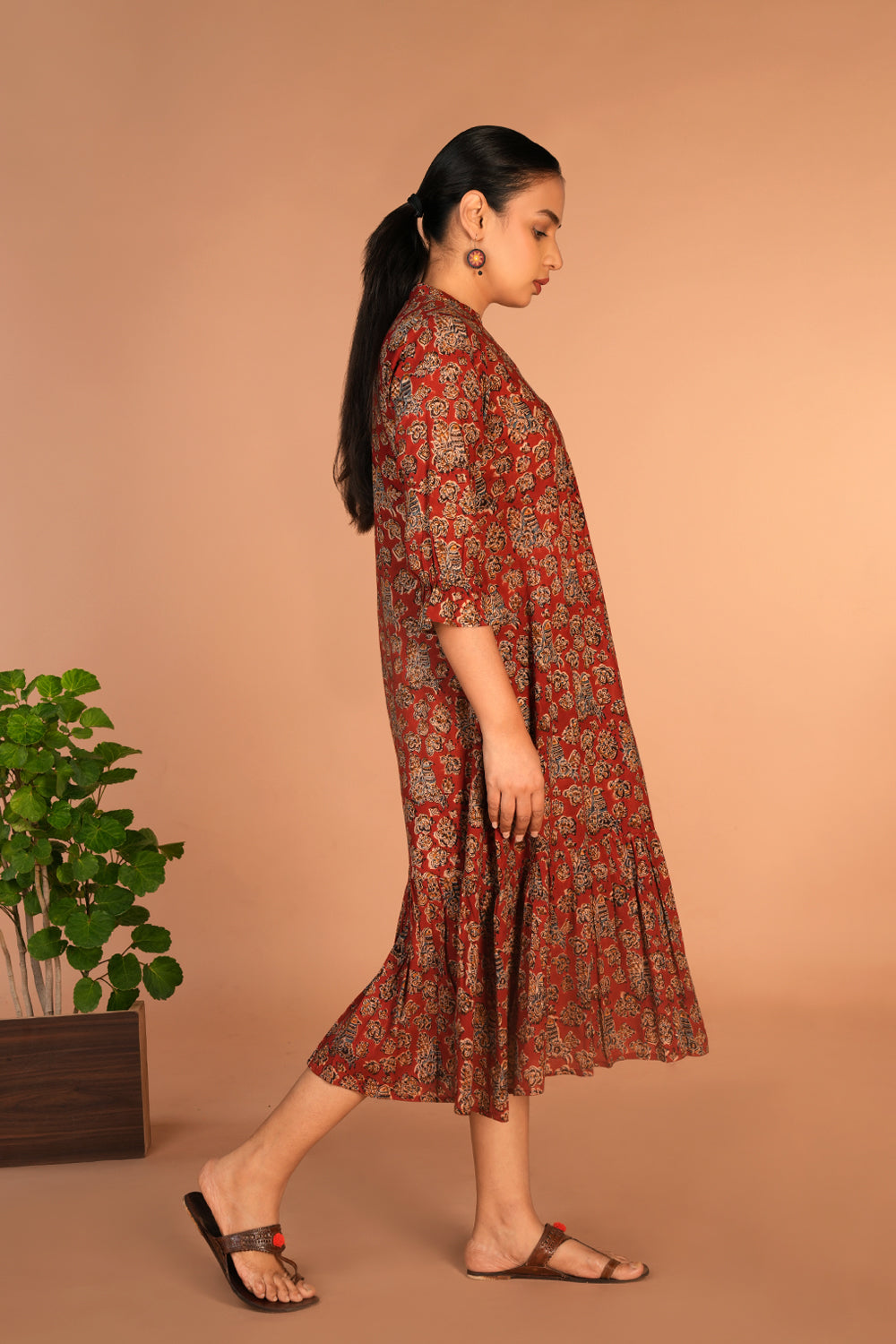 Maroon Kalamkari hand block printed dress