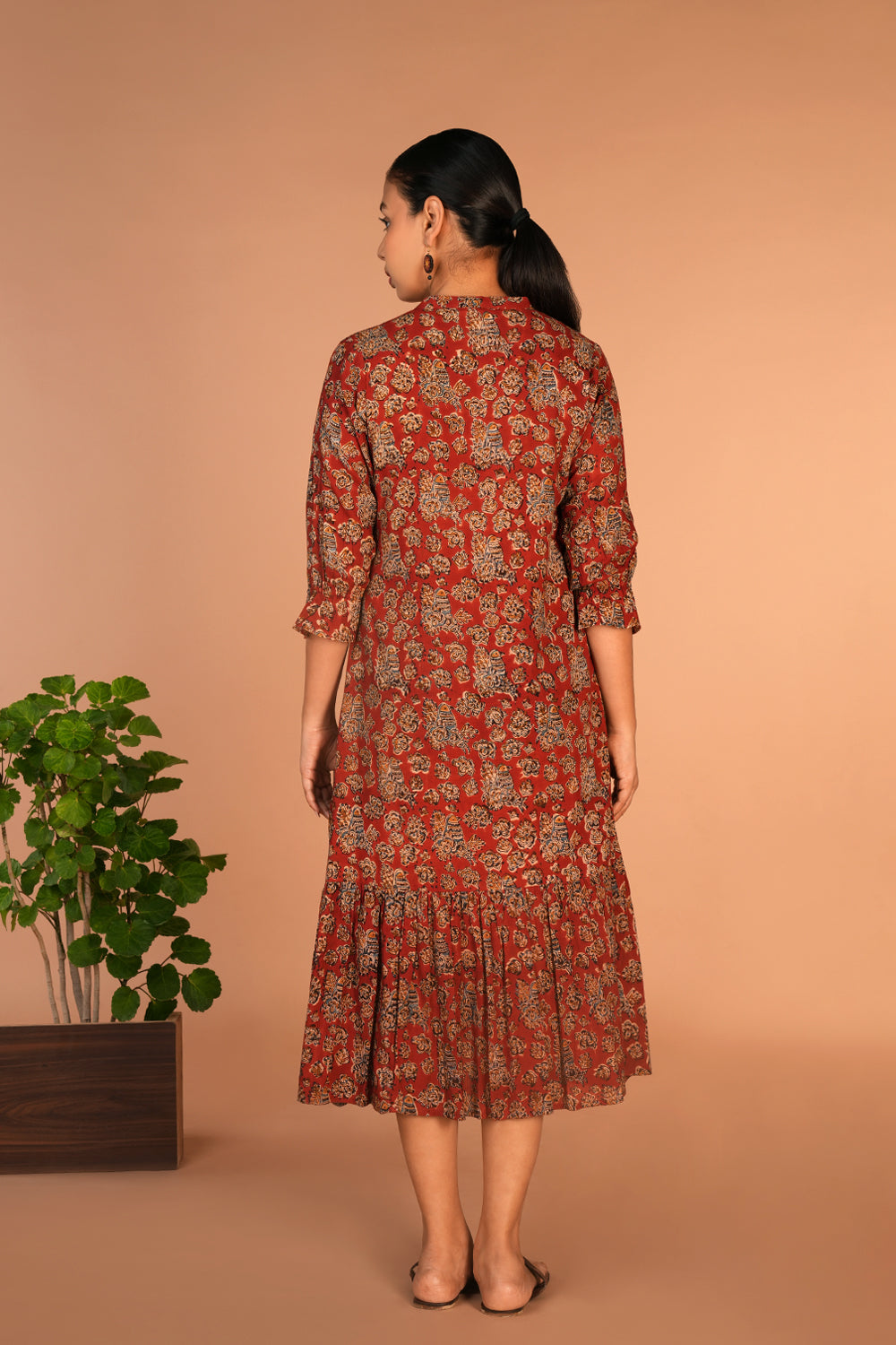 Maroon Kalamkari hand block printed dress