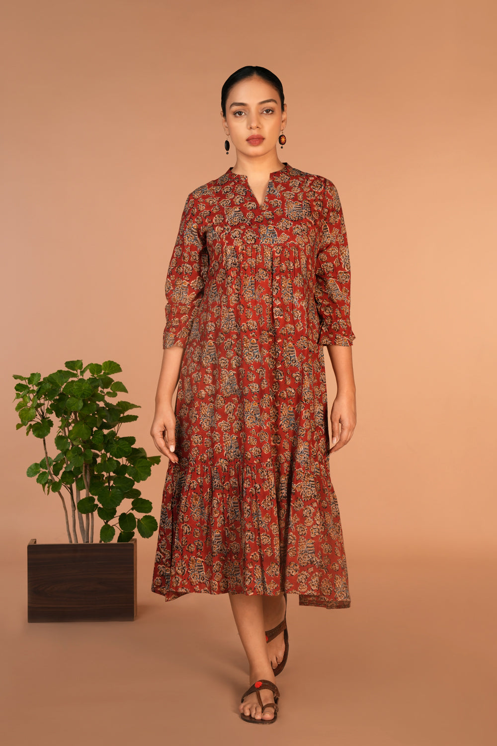 Maroon Kalamkari hand block printed dress