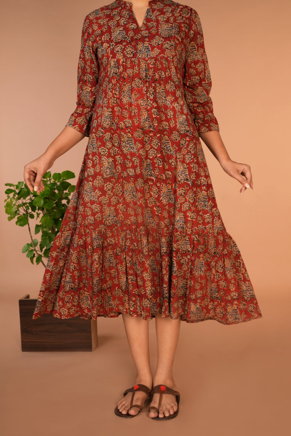 Maroon Kalamkari hand block printed dress