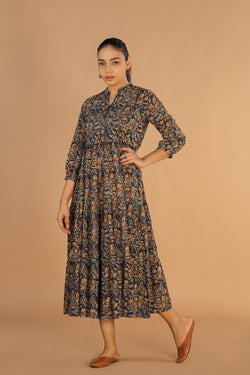 Collection of Kalamkari block printed tiered dress in a gallery layout