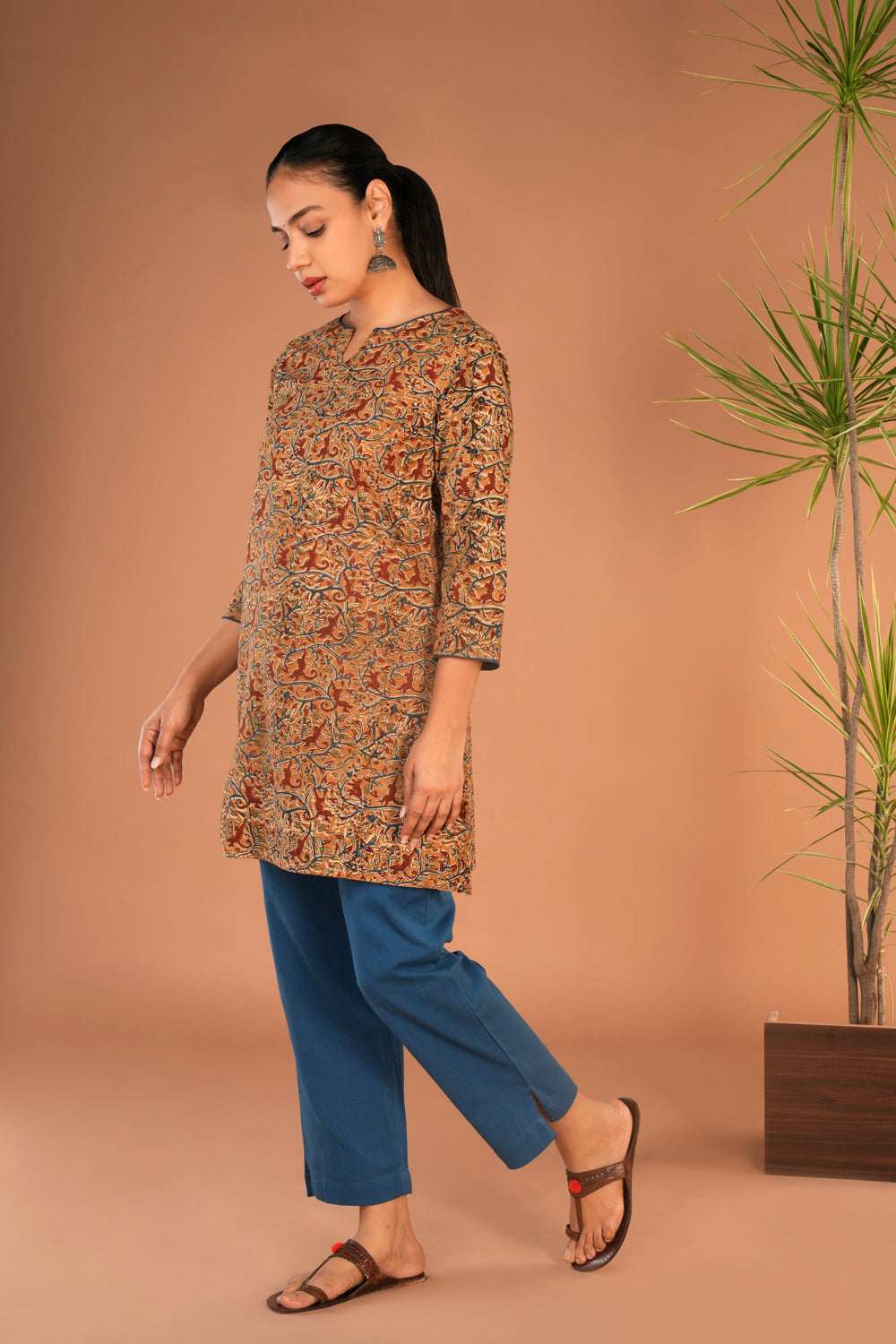 Mustard Kalamkari handblock printed short kurti