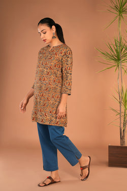 Image of Mustard Kalamkari handblock printed short kurti