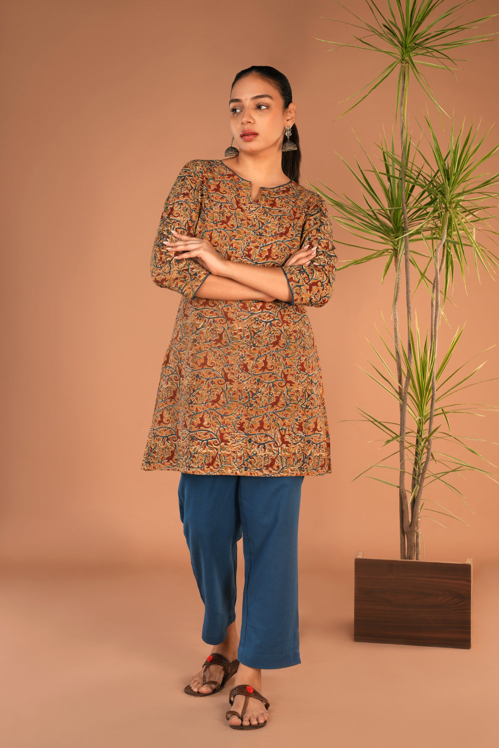 Mustard Kalamkari handblock printed short kurti