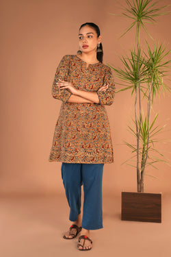 Image of Mustard Kalamkari handblock printed short kurti