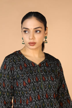 Collection of Black Pochampally silk Ikat Kurti in a gallery layout