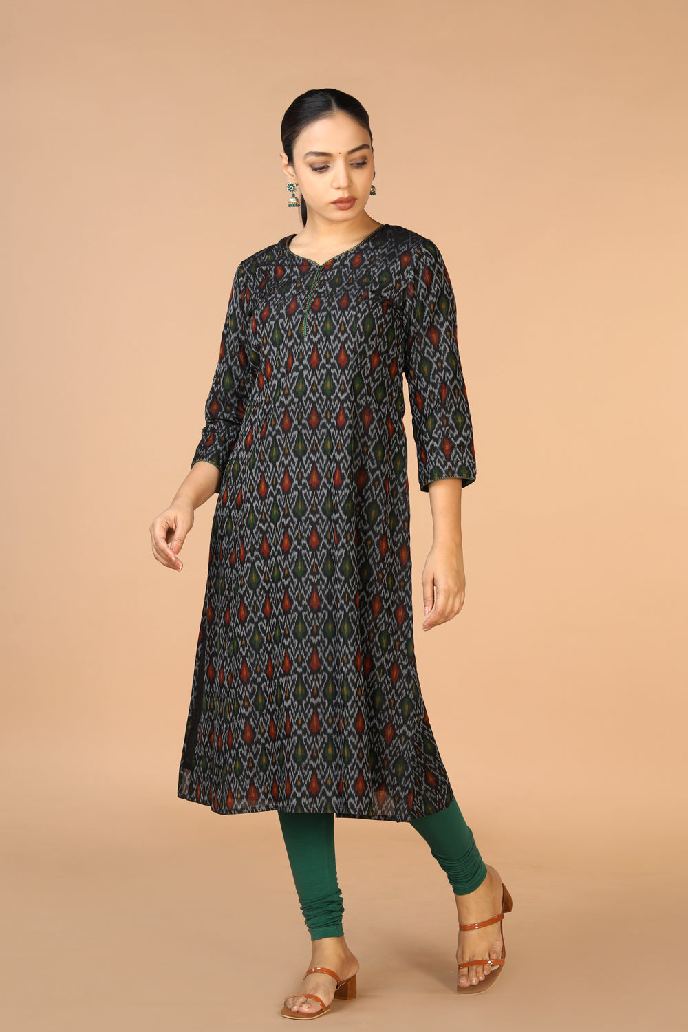 Collection of Black Pochampally silk Ikat Kurti in a gallery layout